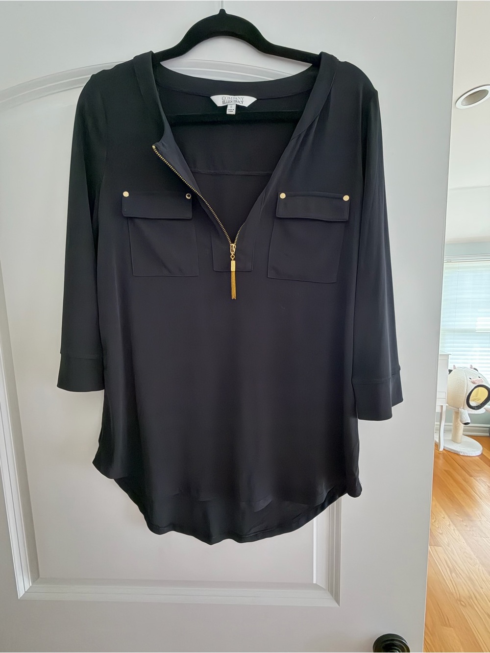 Ellen Tracy Black Blouse with Gold Zip Detail
